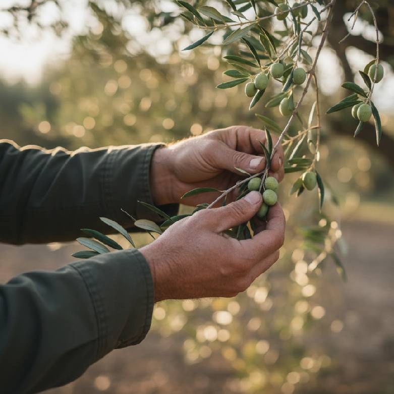 ręce dotykające gałązkę z oliwkami ukazujące produkt oliwę prosto od greckiego plantatora
