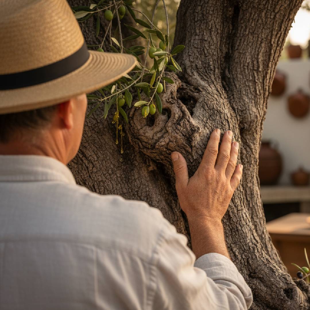 plantator dotykający drzewa oliwnego