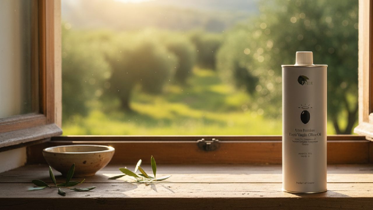 widok z okna domu na peloponezie pokazujący gaj oliwny i oliwę prosto od greckiego plantatora