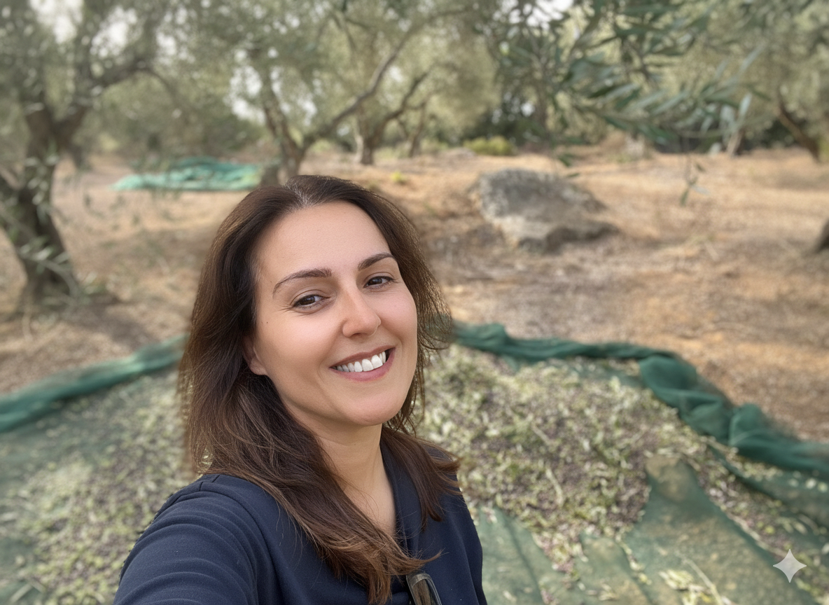 Betty przechadzająca się po swojej plantacji gdzie scena pokazuje oliwę prosto od greckiego plantatora