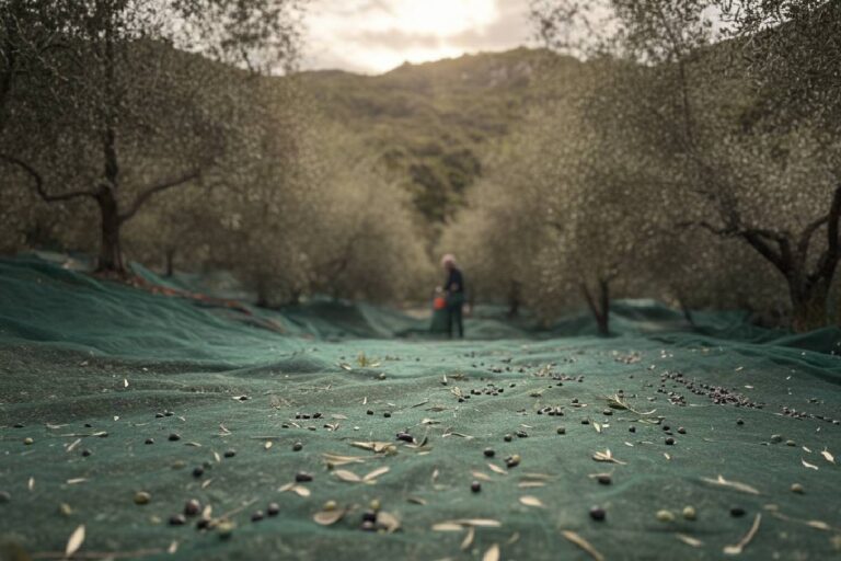 Rozległy, słoneczny gaj oliwny podczas zbiorów oliwek w Grecji, ilustrujący usługę Adopcja Drzewa Oliwnego