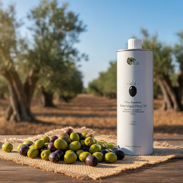 butela oliwy Belia postawiona na stole w gaju kontrastująca z błękitem greckiego nieba, opowiadająca prawdziwe historie o zbiorach