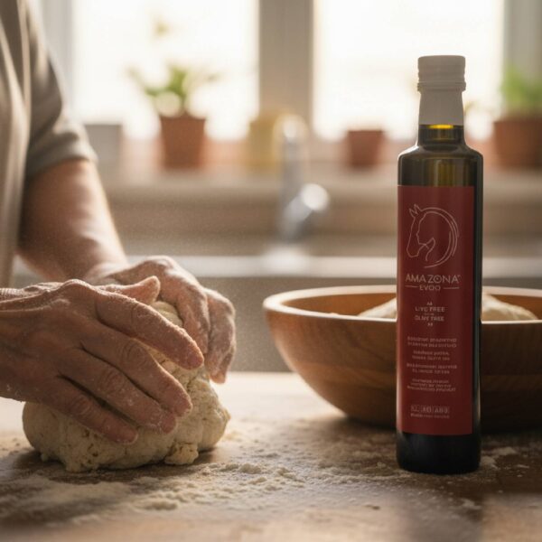 Oliwa Amazona 500 ml Butelka 500 ml Greckiej Oliwy z Oliwek Extra Virgin Amazona stojąca na stole w kuchni