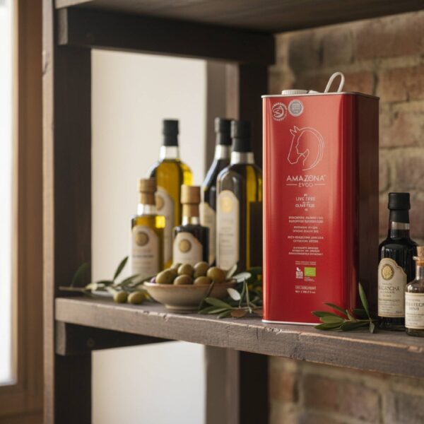 Oliwa Amazona Puszka 5 litrowa na półce w sklepie Greckiej Oliwy z Oliwek Extra Virgin Amazona