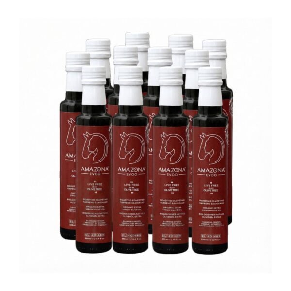 Opakowanie zbiorcze 12 sztuk Greckiej Oliwy z Oliwek Extra Virgin Amazona (250 ml) z wczesnego zbioru.