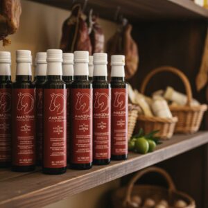 oliwa z oliwek puszka Amazona Opakowanie zbiorcze 30 sztuk Greckiej Oliwy z Oliwek Extra Virgin Amazona (250 ml) z wczesnego zbioru stojące na półce w sklepie