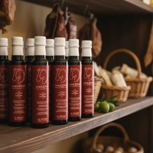 oliwa z oliwek puszka Amazona Opakowanie zbiorcze 30 sztuk Greckiej Oliwy z Oliwek Extra Virgin Amazona (250 ml) z wczesnego zbioru stojące na półce w sklepie