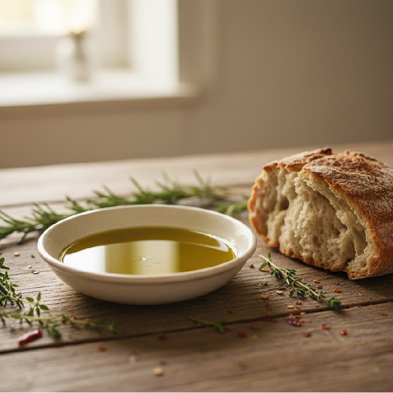 stół na którym jest położony chleb i oliwa w miseczce opowiadająca prawdziwe historie o zbiorach