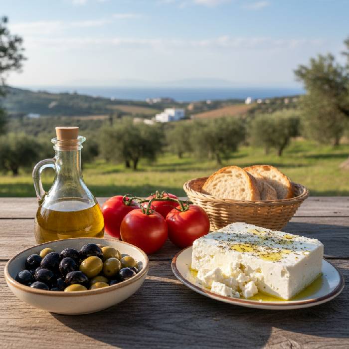 Słoneczny widok na stół z przysmakami w gaju oliwnym w Chalkidiki, miejsce pochodzenia naszej oliwy, pełne historii plantatorów