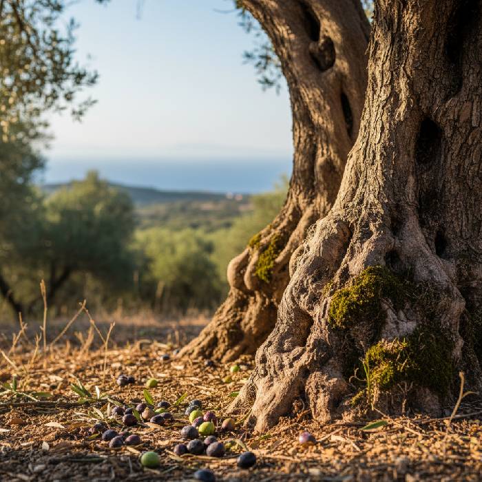 Słoneczny widok na gaj oliwny w Chalkidiki, miejsce pochodzenia naszej oliwy, pełne historii plantatorów