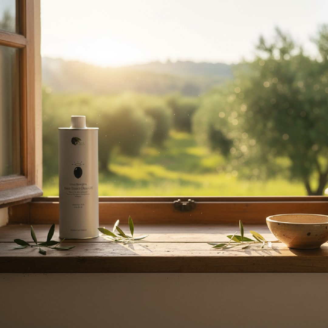 widok z domu na gaj oliwny napierwszym planie przedstawiający puszkę z oliwą pokazującą oliwę prosto od greckiego plantatora