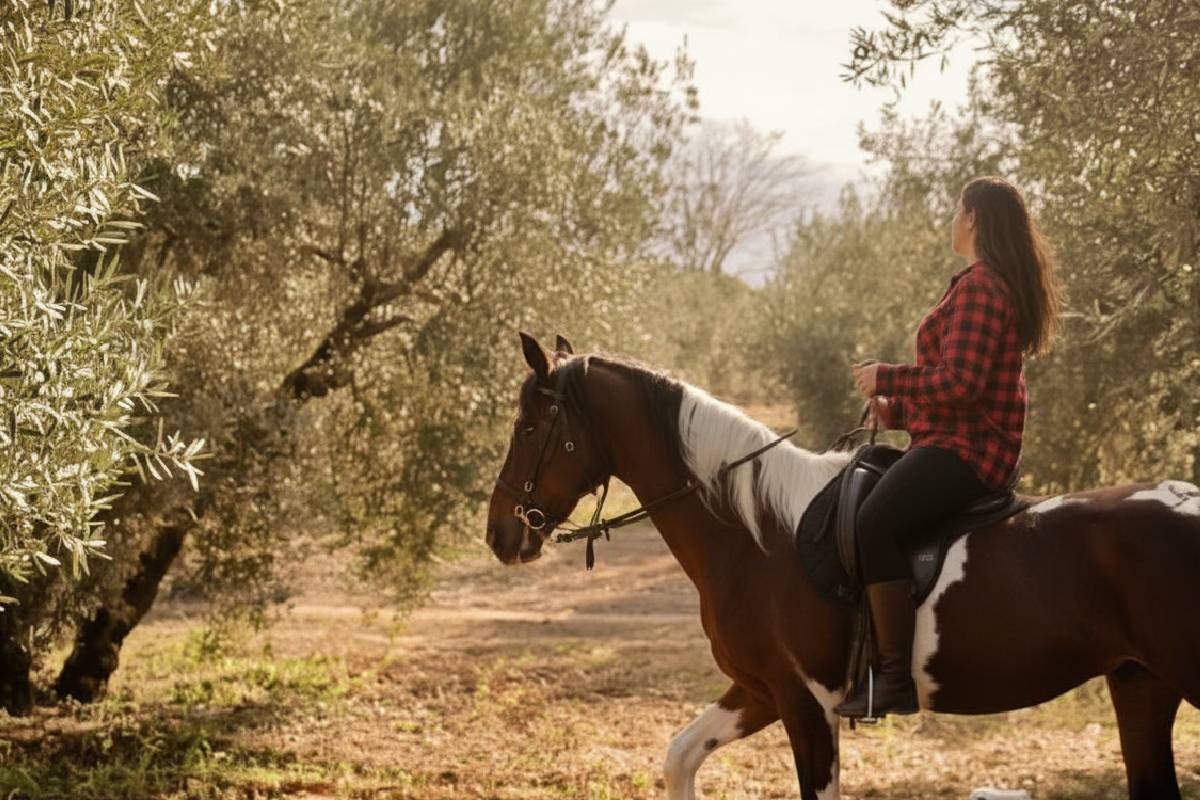amazonka na koniu przechadzająca się po gaju oliwnym pochodzi nasza Oliwa Extra Virgin.