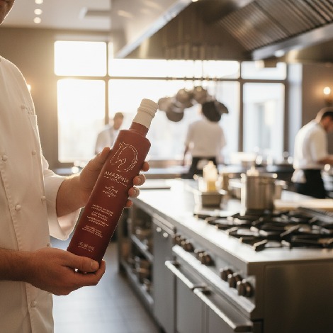 kucharz pokazujący oliwę gwarantujący jakość oliwy extra virgin.