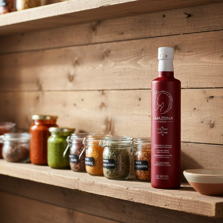 Butelka greckiej oliwy extra virgin z oliwkami na drewnianym stole - naturalna oliwa obniżająca cholesterol