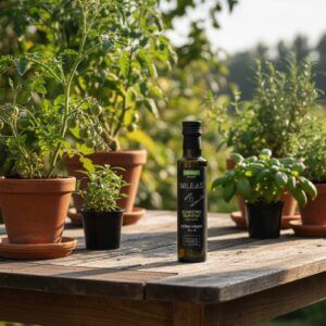 Oliwa bio Nileas odmiana Mavrolia 250ml - etykieta z certyfikatem ekologicznym z Mesenii