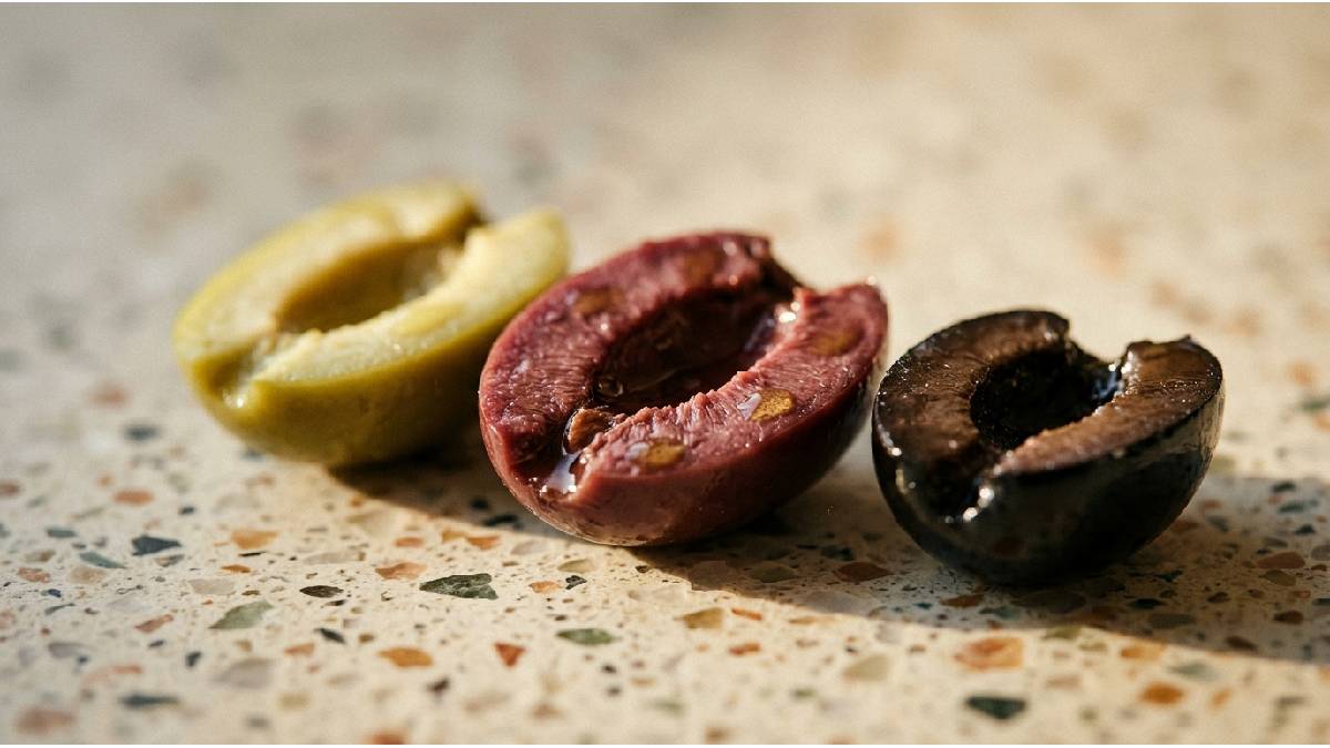 Czarne i zielone oliwki obok siebie - naturalnie dojrzałe oliwki Kalamata i zielone oliwki z Grecji