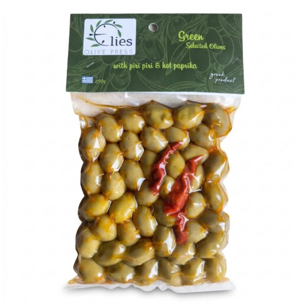 oliwki zielone z papryką chili Pikantne zielone oliwki z piri piri i ostrą papryką Elies Olive Press 250 g